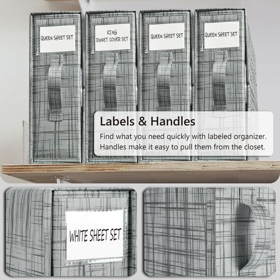 SUOCO SheetCube Bettlaken-Set, Organizer, 4 Stück (Queen-Size- oder King-Size), faltbare Aufbewahrungsbox für Bettbezug-Set, Leinen-Schrank-Organizer für Bettwäsche, Kleidung, Decken, Grau