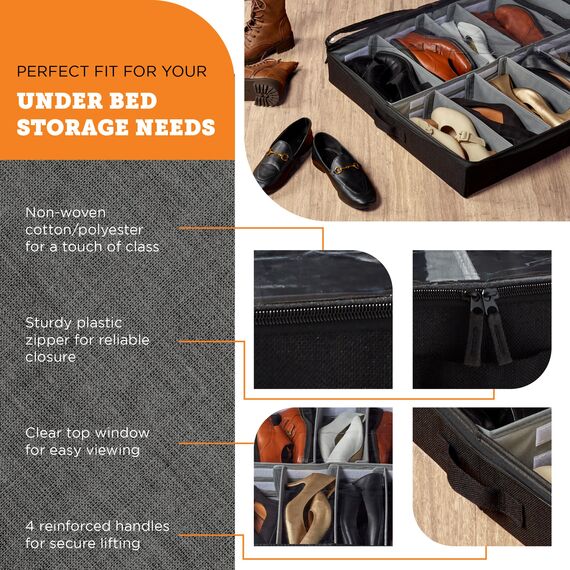 Unterbett-Schuh-Organizer, 11,4 cm hoch und passend für Betten, 12,7 cm vom Boden, verstellbare Trennwände, Aufbewahrungslösung für Unterbettschuhe – 2er-Set (schwarz)