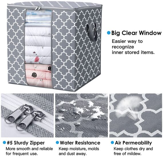 WISELIFE Aufbewahrungsbeutel, 6 Stück/100 l, Decken- und Kleiderorganisation, Aufbewahrungsbehälter für Bettdecken, Bettwäsche, faltbarer Organizer mit verstärktem Griff, transparentes Fenster