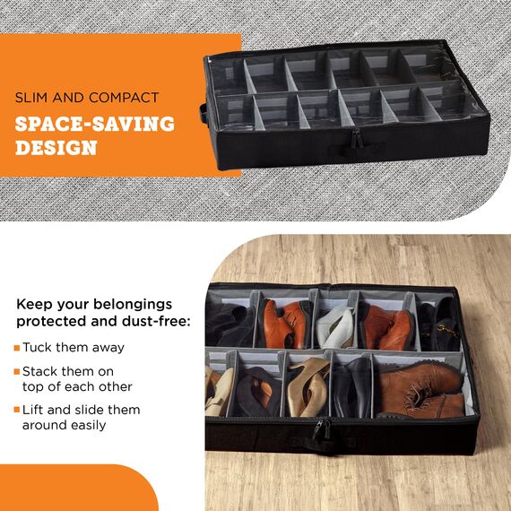 Unterbett-Schuh-Organizer, 11,4 cm hoch und passend für Betten, 12,7 cm vom Boden, verstellbare Trennwände, Aufbewahrungslösung für Unterbettschuhe – 2er-Set (schwarz)