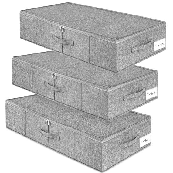 punemi Unterbettaufbewahrung, 3 Stück, Unterbett-Aufbewahrungsbehälter mit Deckel, faltbar, stabil, Kleideraufbewahrung, Schublade, Organizer mit 3 Griffen, ultradicker Stoff, für Decken, Schuhe, Grau