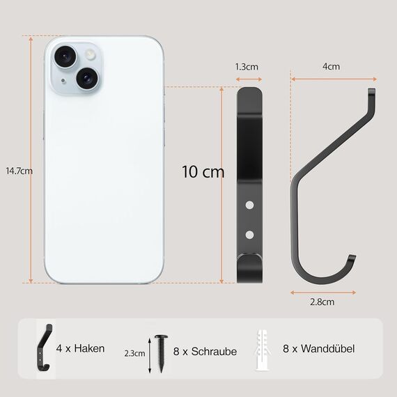 susswiff 10-Stück Garderobenhaken, Kleiderhaken zum Schrauben, Haken für Akustikpaneele, Schlafzimmer, Wohnzimmer, Badezimmer, Wandhaken für Garderobe, Jacken, Hut, Metall, Schwarz 10CM
