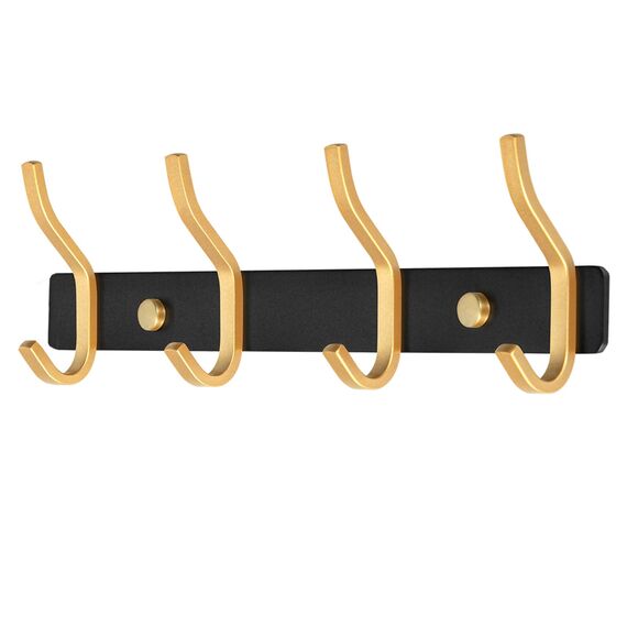 MEIJO Garderobenhaken Edelstahl, Hakenleiste Kleiderhaken Wand mit 4 Haken, Garderobe Garderobenleiste Wandgarderobe für Schlafzimmer Bad Küche (Schwarz & Golden, 4 Haken)