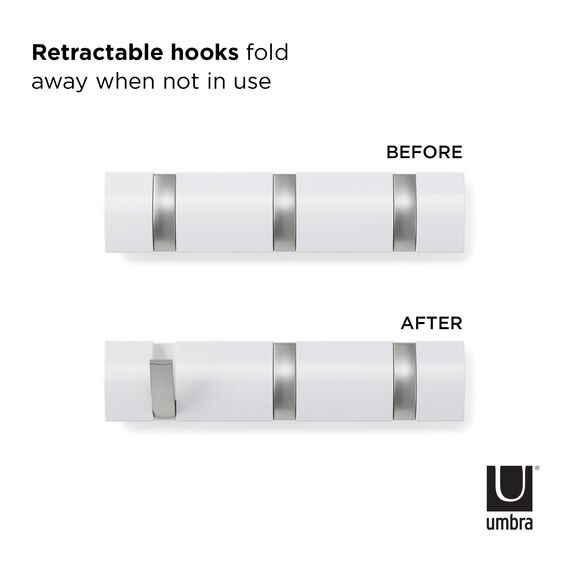 Umbra Flip 3 Garderobenhaken – Moderne, Schlichte und Platzsparende Garderobenleiste mit 3 Beweglichen Haken für Jacken, Mäntel, Schals, Handtaschen und Mehr, Weiss/Nickel