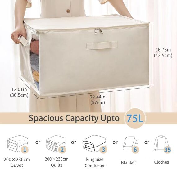 Leinentaschen, Schrank-Organizer und Aufbewahrung für Steppdecken, Kleidung, Organisationsbehälter mit stabilem Reißverschluss, transparentes Fenster, 75 l, für Pullover, Decken, Schlafzimmer, faltbar
