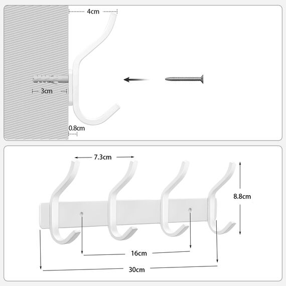 MEIJO Garderobenhaken Edelstahl, Hakenleiste Kleiderhaken Wand mit 4 Haken, Garderobe Garderobenleiste Wandgarderobe für Schlafzimmer Bad Küche (Weiß, 4 Haken)