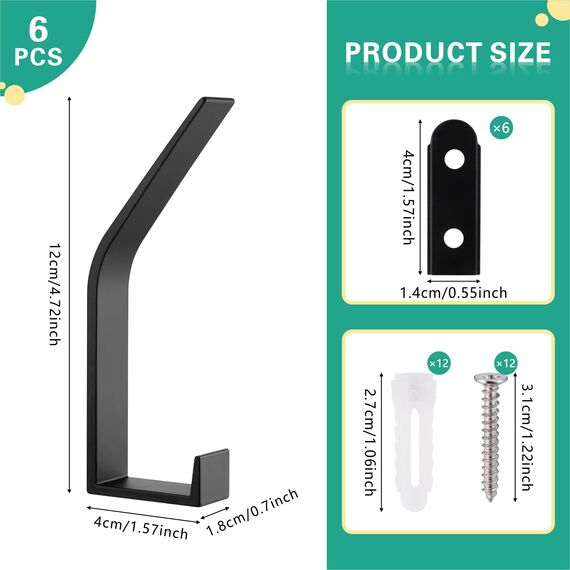 Kssvzz 6 Stück Schwarz kleiderhaken Wand zum Bohren-Schrauben unsichtbar, Moderne Garderobenhaken Garderobenleiste Wand für Jacken, Mäntel, Cap, Schals, Handtuch, Handtaschen und Mehr
