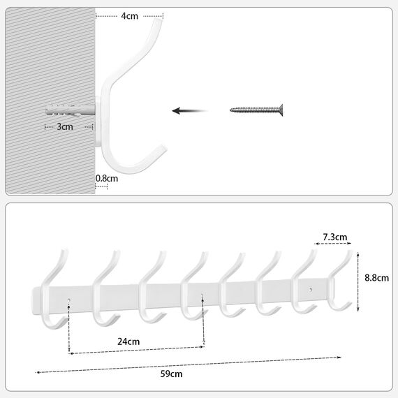 MEIJO Garderobenhaken Edelstahl, Hakenleiste Kleiderhaken Wand mit 8 Haken, Garderobe Garderobenleiste Wandgarderobe für Schlafzimmer Bad Küche (Weiß, 8 Haken)