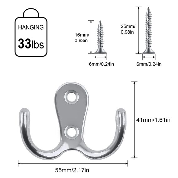 Bolatus 12 Stück Kleiderhaken, Haken Garderobe Doppelt Wandhaken Retro Haken Wand Metall Silber Kleiderhaken Vintage mit 48 Schrauben für Garderobenhaken Badezimmer Küche(Silber)