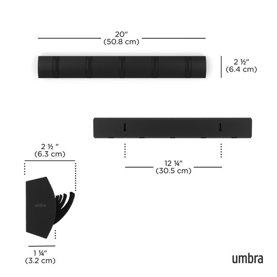 Umbra Flip 5 Garderobenhaken – Moderne, Schlichte und Platzsparende Garderobenleiste mit 5 Beweglichen Haken für Jacken, Mäntel, Schals, Handtaschen und Mehr, Schwarz