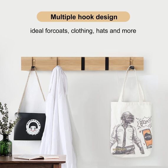 ANVODE Hakenleiste Kleiderhaken Holz, Hölzernes Garderobenleiste Faltbarer Wandgarderoben mit 5 Beweglichen Haken für Jacken, Hüte und Handtaschen (42cm)