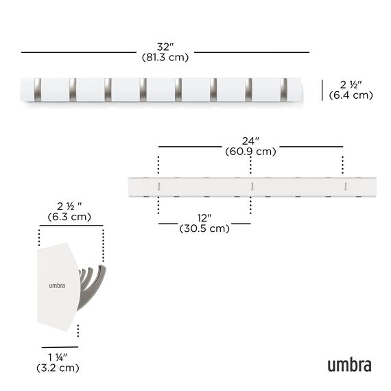 Umbra Flip 8 Garderobenhaken – Moderne, Schlichte und Platzsparende Garderobenleiste mit 8 Beweglichen Haken für Jacken, Mäntel, Schals, Handtaschen und Mehr, Weiss/Nickel