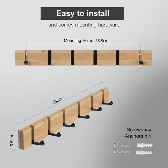 ANVODE 2 Stück Garderobenhaken Wandmontierter, Kleiderhaken Garderobenleiste mit 6 Faltbar Haken für Jacken, Mäntel, Hüte, Schals, Handtaschen