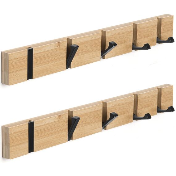 ANVODE 2 Stück Garderobenhaken Holz Wand, Holzplatte Garderobenleiste Faltbarer Kleiderhaken mit 5 Haken für Jacken, Hüte und Handtaschen (42cm)