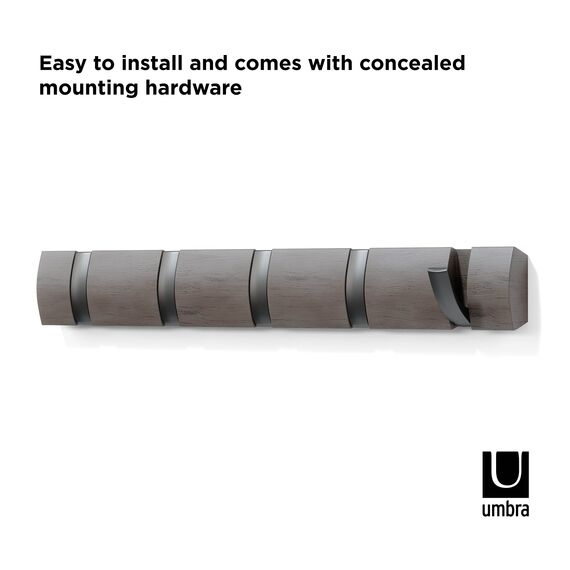 Umbra Flip 5 Garderobenhaken - Moderne, Schlichte und Platzsparende Garderobenleiste mit 5 Beweglichen Haken für Jacken, Mäntel, Schals, Handtaschen und Mehr, Grau/Zinnfarben