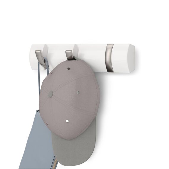 Umbra Flip 3 Garderobenhaken – Moderne, Schlichte und Platzsparende Garderobenleiste mit 3 Beweglichen Haken für Jacken, Mäntel, Schals, Handtaschen und Mehr, Weiss/Nickel