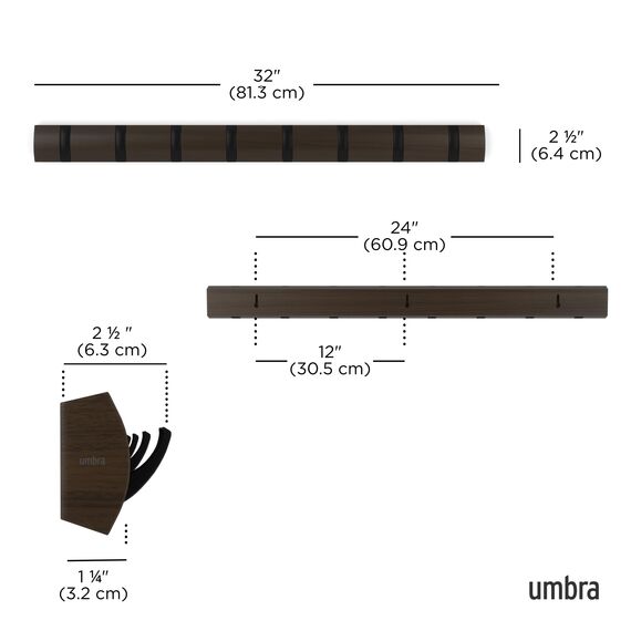 Umbra Flip 8 Garderobenhaken – Moderne, Schlichte und Platzsparende Garderobenleiste mit 8 Beweglichen Haken für Jacken, Mäntel, Schals, Handtaschen und Mehr, Schwarz/Walnuss