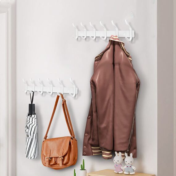 MEIJO Garderobenhaken Edelstahl, Hakenleiste Kleiderhaken Wand mit 8 Haken, Garderobe Garderobenleiste Wandgarderobe für Schlafzimmer Bad Küche (Weiß, 8 Haken 2 Stück)