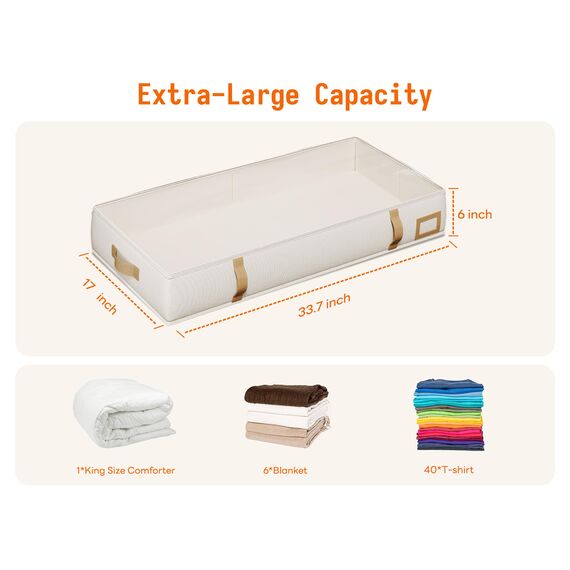 Vailando Unterbett-Aufbewahrungsbehälter, faltbare Aufbewahrungsbehälter für Decken, Bettdecke und saisonale Kleidung, 15,2 cm hoch, Beige mit braunen Ledergriffen, 2 Stück