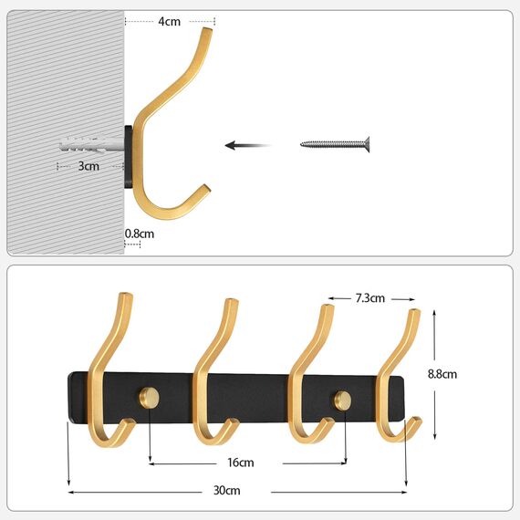 MEIJO Garderobenhaken Edelstahl, Hakenleiste Kleiderhaken Wand mit 4 Haken, Garderobe Garderobenleiste Wandgarderobe für Schlafzimmer Bad Küche (Schwarz & Golden, 4 Haken)