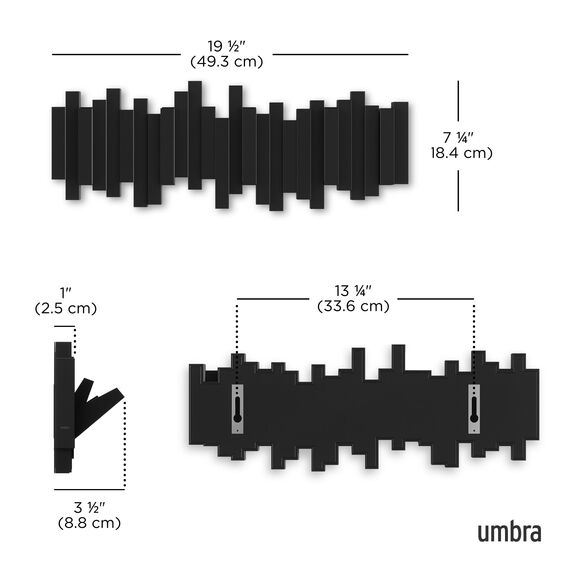 Umbra Stäbchen Garderobenhaken – Moderne und Platzsparende Garderobenleiste mit 5 Beweglichen Haken für Jacken, Mäntel, Schals, Handtaschen und Mehr, Schwarz