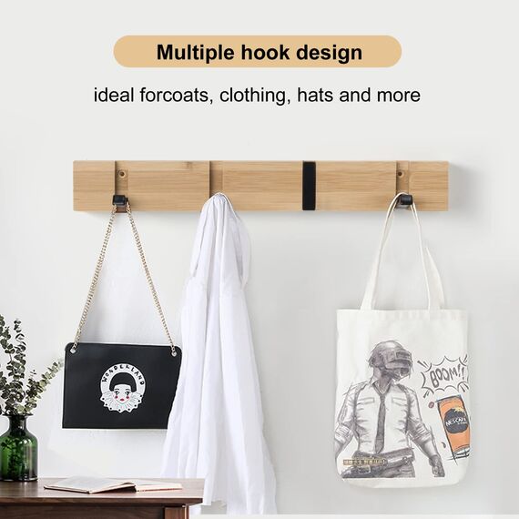 ANVODE Hölzernes Garderobenhaken Wand, Garderobe Kleiderhaken Faltbare Garderobenleiste mit 4 Haken für Jacken, Mäntel, Hüte, Schals, Handtaschen