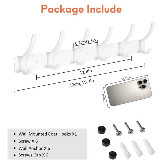 Optish 1 Stück Kleiderhaken Wand, Hakenleiste Garderobe mit 12 Haken, Garderobenleiste Wandgarderobe für Schlafzimmer Bad Küche, Garderobenhaken für Mänteln, Jacken, Hüten und Handtüchern (Weiß)