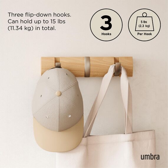 Umbra Flip 3 Garderobenhaken – Moderne, Schlichte und Platzsparende Garderobenleiste mit 3 Beweglichen Haken für Jacken, Mäntel, Schals, Handtaschen und Mehr, Natur/Nickel