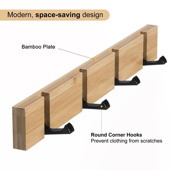 ANVODE 2 Stück Holz Garderobenhaken, Garderobe Kleiderhaken Faltbare Garderobenleiste mit 4 Haken für Jacken, Mäntel, Hüte, Schals, Handtaschen (40cm)