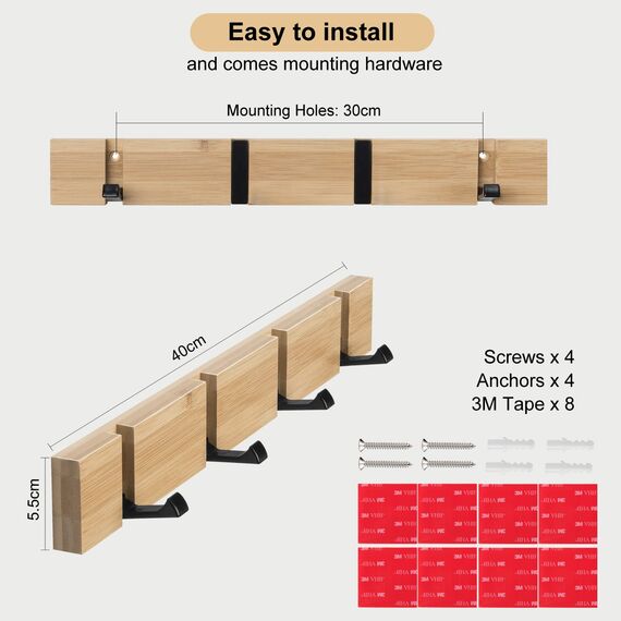 ANVODE 2 Stück Holz Garderobenhaken, Garderobe Kleiderhaken Faltbare Garderobenleiste mit 4 Haken für Jacken, Mäntel, Hüte, Schals, Handtaschen (40cm)