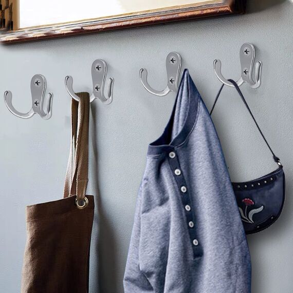 Bolatus 6 Stück Kleiderhaken, Haken Garderobe Doppelt Wandhaken Retro Haken Wand Metall Silber Kleiderhaken Vintage mit 24 Schrauben für Garderobenhaken Badezimmer Küche