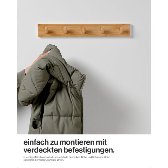 LARHN Garderobenhaken Holz - Garderobenleiste Holz mit 5 Haken - 43 cm - Kleiderhaken Wand - Wandgarderobe für Flure, Garderoben, Schlafzimmer und Badezimmer