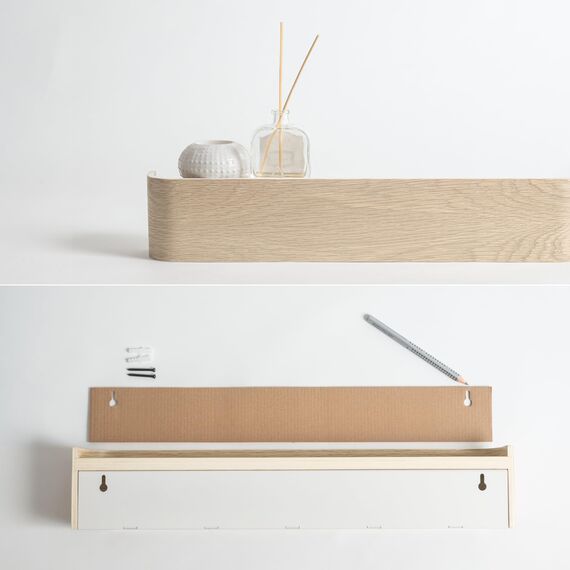 Kazai. Wandgarderobe 'Toke' | Moderne Design-Garderobe mit verdeckten Wandhaken | Garderobenpaneel aus Massivem Echtholz-Furnier | Eiche, weiß