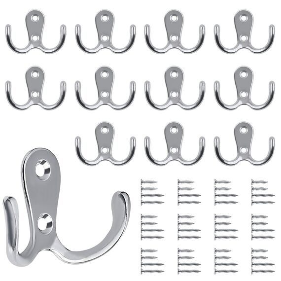 Bolatus 12 Stück Kleiderhaken, Haken Garderobe Doppelt Wandhaken Retro Haken Wand Metall Silber Kleiderhaken Vintage mit 48 Schrauben für Garderobenhaken Badezimmer Küche(Silber)