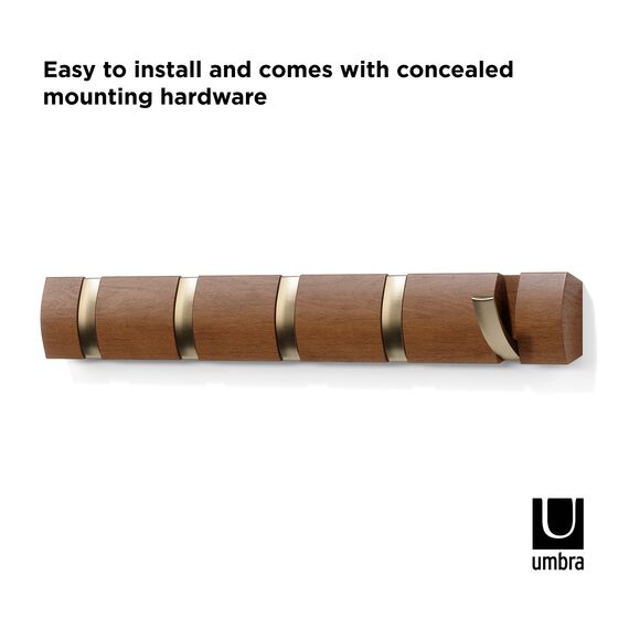 Umbra Flip 5 Garderobenhaken - Moderne, Schlichte und Platzsparende Garderobenleiste mit 5 Beweglichen Haken für Jacken, Mäntel, Schals, Handtaschen und Mehr, Helle Walnuss/Gold