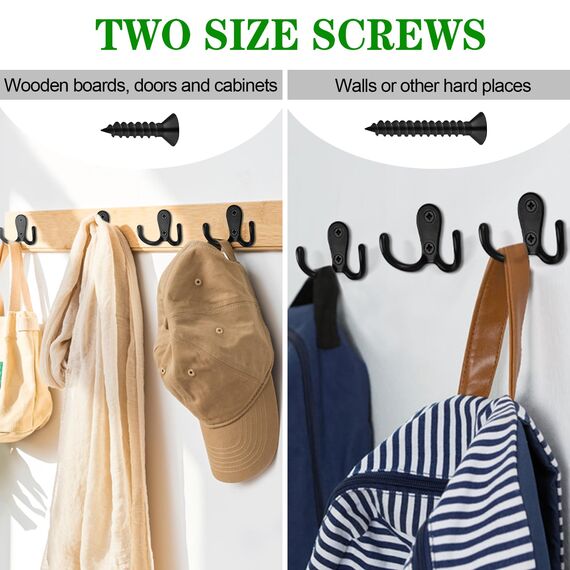 Bolatus 6 Stück Kleiderhaken, Haken Garderobe Doppelt Wandhaken Retro Haken Wand Metall Schwarz Kleiderhaken Vintage mit 24 Schrauben für Garderobenhaken Badezimmer Küche