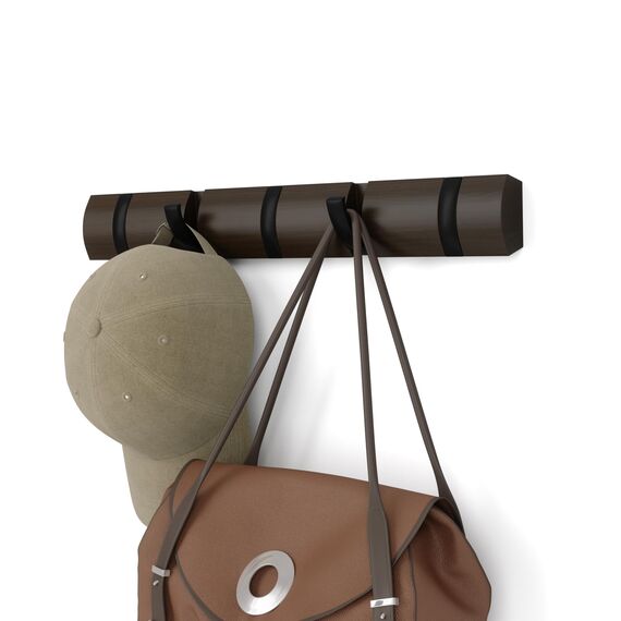 Umbra Flip 5 Garderobenhaken – Moderne, Schlichte und Platzsparende Garderobenleiste mit 5 Beweglichen Haken für Jacken, Mäntel, Schals, Handtaschen und Mehr, Schwarz/Walnuss