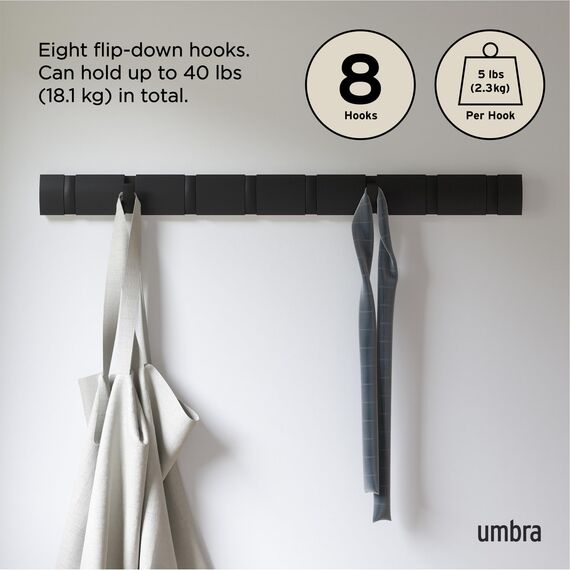 Umbra Flip 8 Garderobenhaken – Moderne, Schlichte und Platzsparende Garderobenleiste mit 8 Beweglichen Haken für Jacken, Mäntel, Schals, Handtaschen und Mehr, Schwarz