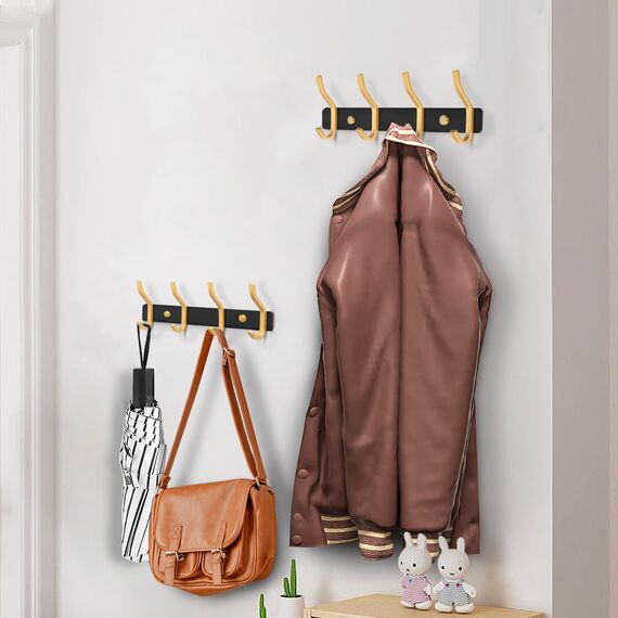 MEIJO Garderobenhaken Edelstahl, Hakenleiste Kleiderhaken Wand mit 4 Haken, Garderobe Garderobenleiste Wandgarderobe für Schlafzimmer Bad Küche (Schwarz & Golden, 4 Haken)