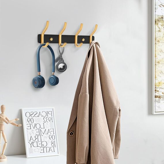 MEIJO Garderobenhaken Edelstahl, Hakenleiste Kleiderhaken Wand mit 4 Haken, Garderobe Garderobenleiste Wandgarderobe für Schlafzimmer Bad Küche (Schwarz & Golden, 4 Haken)
