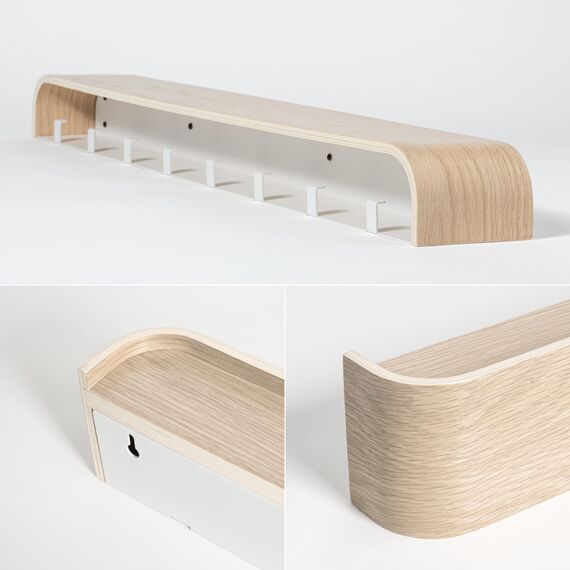 Kazai. Wandgarderobe 'Toke' | Moderne Design-Garderobe mit verdeckten Wandhaken | Garderobenpaneel aus Massivem Echtholz-Furnier | Eiche, weiß