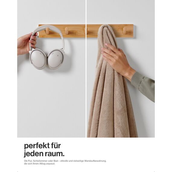 LARHN Garderobenhaken Holz - Garderobenleiste Holz mit 5 Haken - 43 cm - Kleiderhaken Wand - Wandgarderobe für Flure, Garderoben, Schlafzimmer und Badezimmer