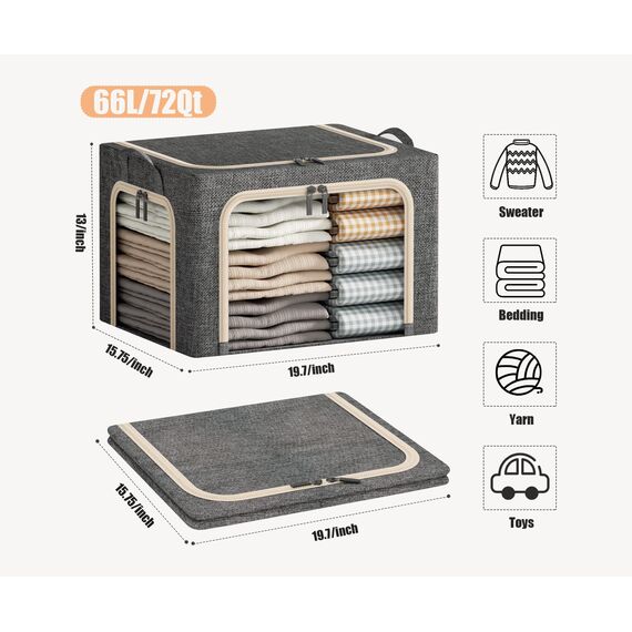 Große Kleideraufbewahrungskörbe mit Metallrahmen, faltbare Kleidung organisiert und aufbewahrt, Leinen-Aufbewahrungsbox mit transparentem Fenster, dunkelgrau, 66 l)