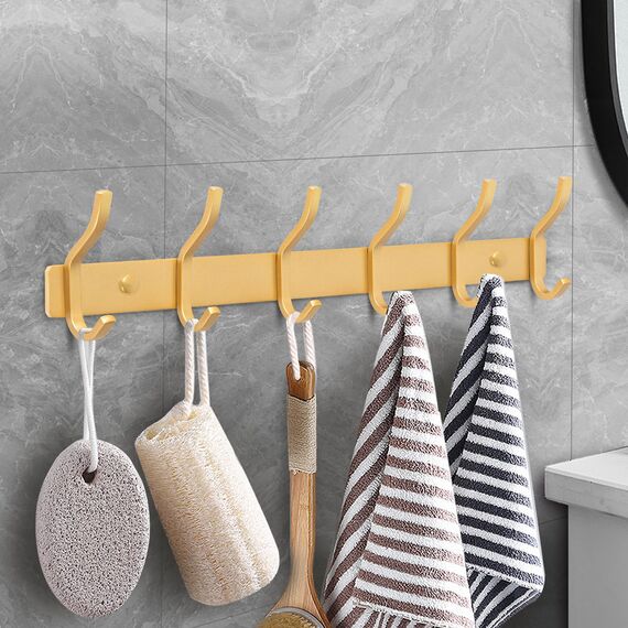 MEIJO Garderobenhaken Edelstahl, Hakenleiste Kleiderhaken Wand mit 6 Haken, Garderobe Garderobenleiste Wandgarderobe für Schlafzimmer Bad Küche (Golden, 6 Haken)