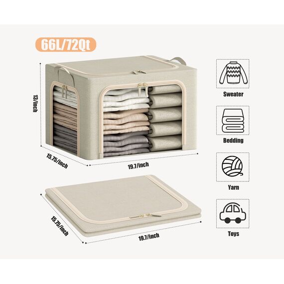Große Kleideraufbewahrungskörbe mit Metallrahmen, faltbare Kleidung organisiert und aufbewahrt, Leinen-Aufbewahrungsbox mit transparentem Fenster, beige, 66 l)
