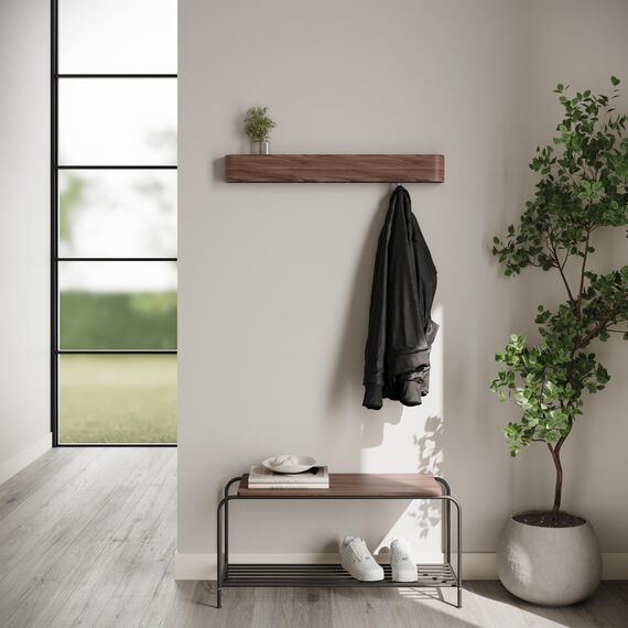 Kazai. Wandgarderobe 'Toke' | Moderne Design-Garderobe mit verdeckten Wandhaken | Garderobenpaneel aus Massivem Echtholz-Furnier | Walnuss