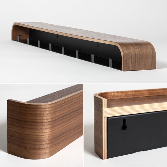 Kazai. Wandgarderobe 'Toke' | Moderne Design-Garderobe mit verdeckten Wandhaken | Garderobenpaneel aus Massivem Echtholz-Furnier | Walnuss