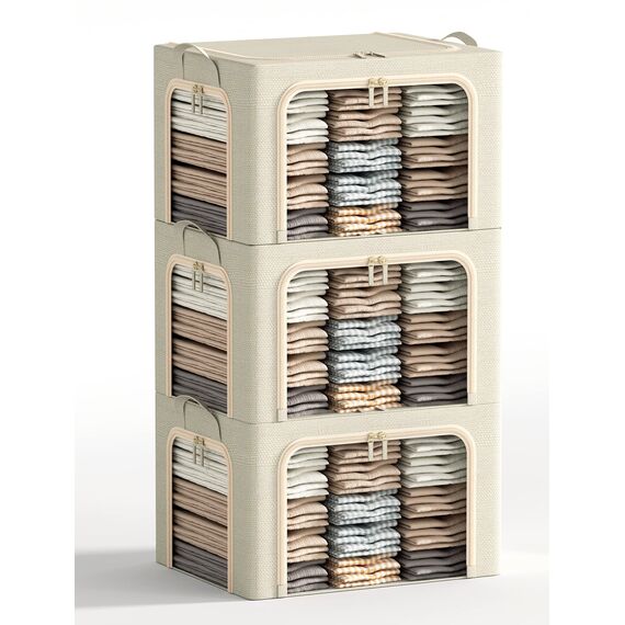 Große Kleideraufbewahrungskörbe mit Metallrahmen, faltbare Kleidung organisiert und aufbewahrt, Leinen-Aufbewahrungsbox mit transparentem Fenster, beige, 66 l)