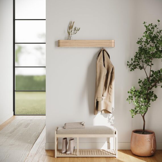 Kazai. Wandgarderobe 'Toke' | Moderne Design-Garderobe mit verdeckten Wandhaken | Garderobenpaneel aus Massivem Echtholz-Furnier | Eiche, weiß