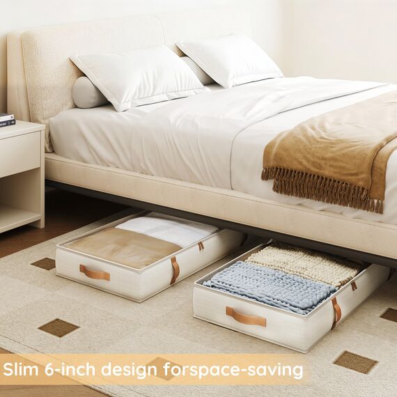 Vailando Unterbett-Aufbewahrungsbehälter, faltbare Aufbewahrungsbehälter für Decken, Bettdecke und saisonale Kleidung, 15,2 cm hoch, Beige mit braunen Ledergriffen, 2 Stück